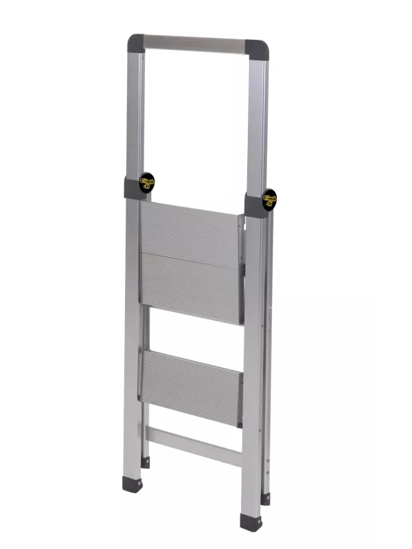 Aluminium folding step ladder in fully collapsed position for compact storage.